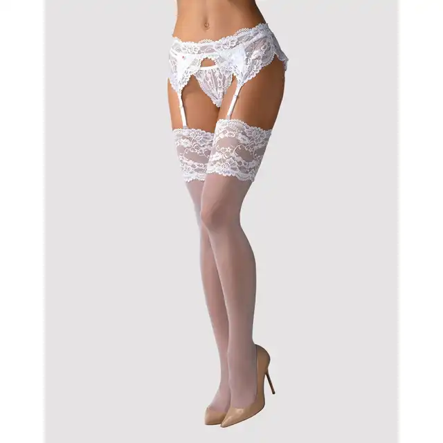 Obsessive – 810-STO-2 White S/M. Delikatne, białe pończochy w kobiecym stylu z koronką
