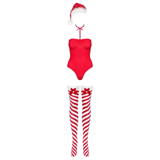 Obsessive - Kissmas Teddy L/XL. Seksownie uwodzicielskie body w stylu mikołajki. Niesamowite przebranie śnieżynki z czapeczką