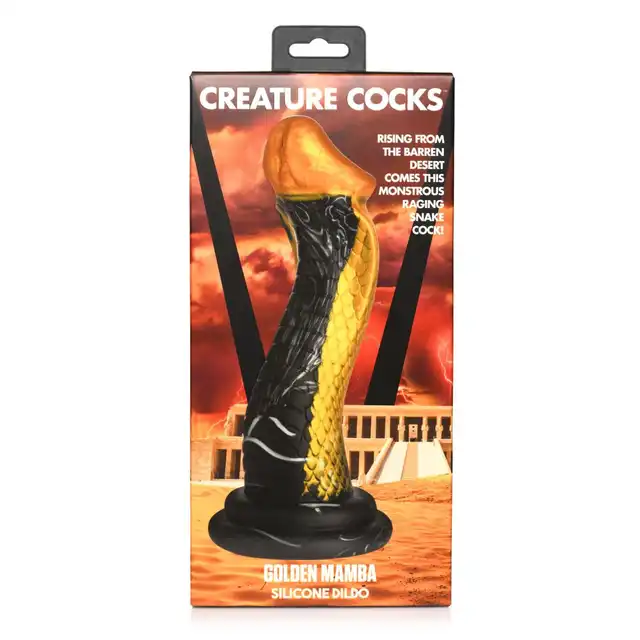 Creature Cocks – Golden Mamba Dildo. Złoto-czarna mamba w kształcie S do stymulacji G-spot i P-spot z przyssawką i kompatybilnością z uprzężą