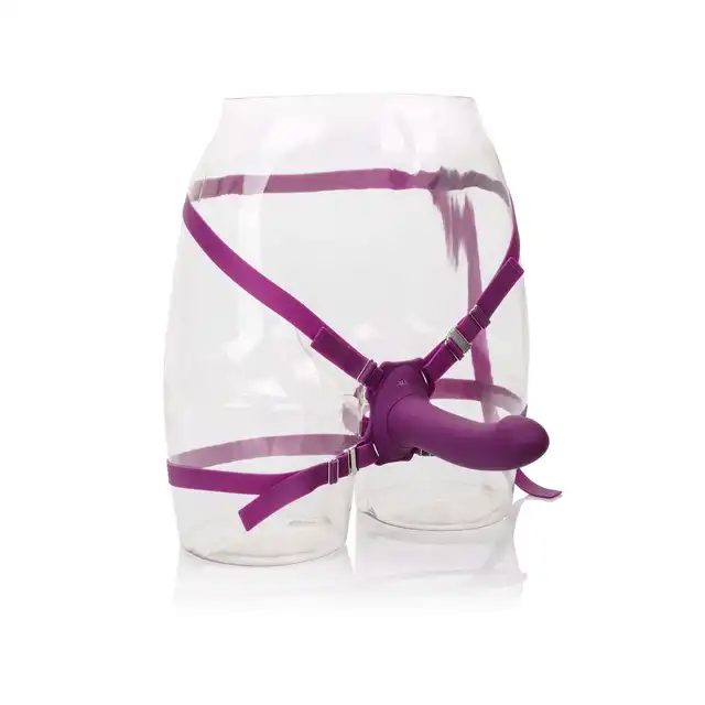 CalExotics – Me2 Rumbler Purple. Podwójny wibrujący strap-on z masażem punktu G i 10 trybami wibracji