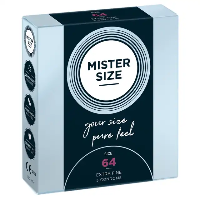 Mister Size - 3 Condoms 64 mm - Ultra cienkie dopasowane prezerwatywy 64 mm, 3 sztuki - Poczuj więcej dzięki właściwemu rozmiarowi!