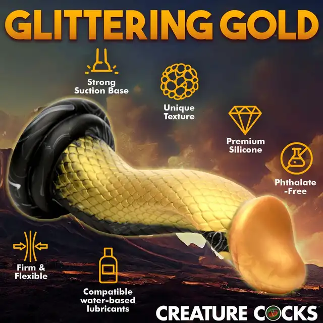 Creature Cocks – Golden Mamba Dildo. Złoto-czarna mamba w kształcie S do stymulacji G-spot i P-spot z przyssawką i kompatybilnością z uprzężą