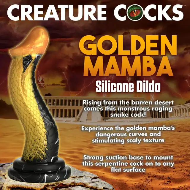 Creature Cocks – Golden Mamba Dildo. Złoto-czarna mamba w kształcie S do stymulacji G-spot i P-spot z przyssawką i kompatybilnością z uprzężą