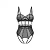Obsessive - Hersis S/M Black. Otwarte body z gorsetem zdobione paskami i koronkowymi panelami. 