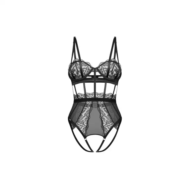 Obsessive - Hersis S/M Black. Otwarte body z gorsetem zdobione paskami i koronkowymi panelami. 