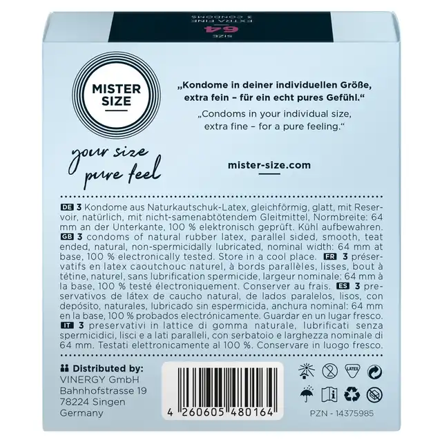Mister Size - 3 Condoms 64 mm - Ultra cienkie dopasowane prezerwatywy 64 mm, 3 sztuki - Poczuj więcej dzięki właściwemu rozmiarowi!