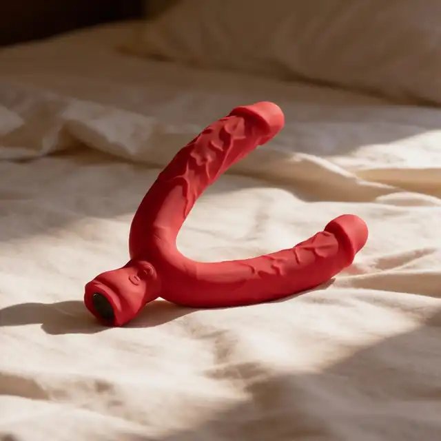 Girls Toys - Wibrator  Wanaka. Double Pleasure Red. Realistyczny, czerwony podwójny wibrator o teksturowanej powierzchni, w kolorze czerwonym