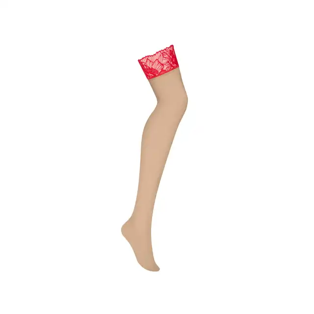 Obsessive Matildea Stockings Red S/M - Cieliste Pończochy z Czerwoną Koronką - Subtelna baza, wyrazisty detal!