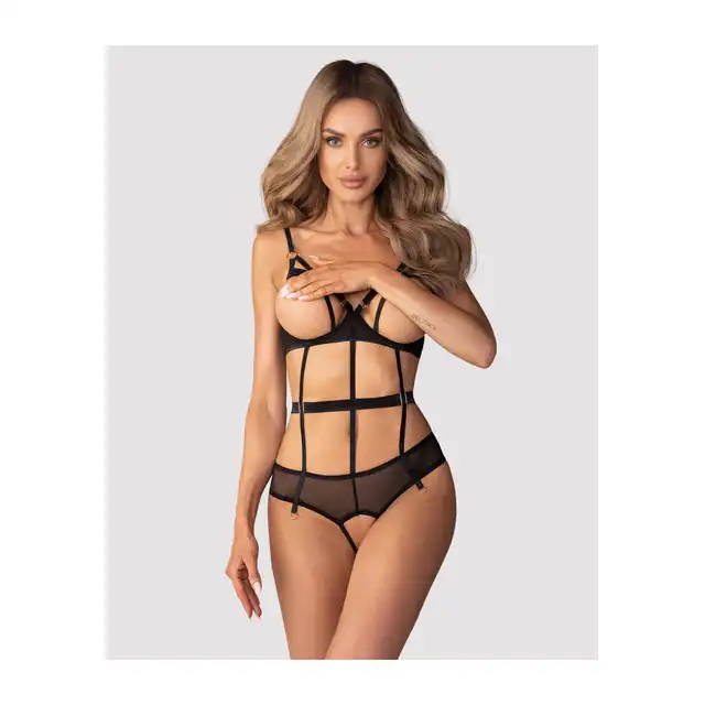 Obsessive Euridia Crotchless Teddy M/L - Czarne Body z Otwartym Krokiem - Dla tych, które lubią być w centrum uwagi!