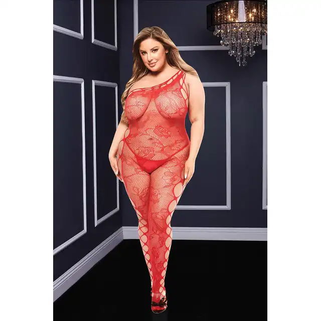 Baci Lingerie – Off The Shoulder Bodystocking Red, Queen. Zmysłowe bodystocking z odsłoniętym ramieniem i otwartym krokiem