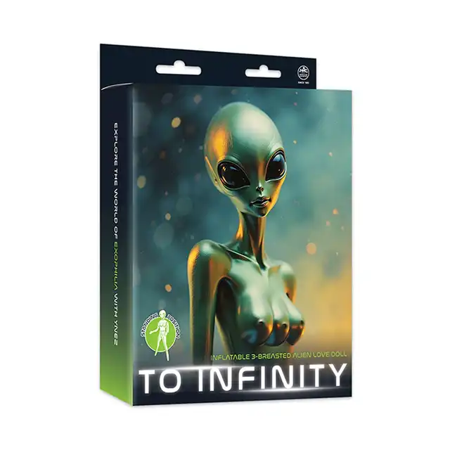 To Infinity 35SFA – Dmuchana lalka UFO PVC 153 cm. Zielona stojąca kosmitka z 3 piersiami. Kobieta nie z tej ziemi!