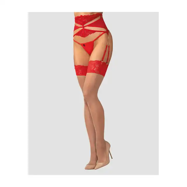 Obsessive Matildea Stockings Red S/M - Cieliste Pończochy z Czerwoną Koronką - Subtelna baza, wyrazisty detal!