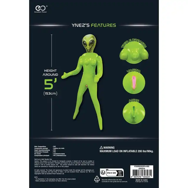 To Infinity 35SFA – Dmuchana lalka UFO PVC 153 cm. Zielona stojąca kosmitka z 3 piersiami. Kobieta nie z tej ziemi!