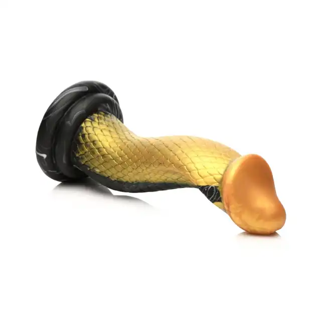 Creature Cocks – Golden Mamba Dildo. Złoto-czarna mamba w kształcie S do stymulacji G-spot i P-spot z przyssawką i kompatybilnością z uprzężą