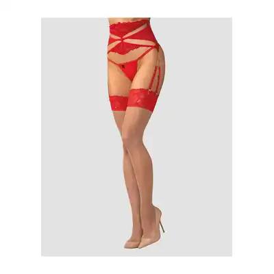 Obsessive Matildea Stockings Red S/M - Cieliste Pończochy z Czerwoną Koronką - Subtelna baza, wyrazisty detal!