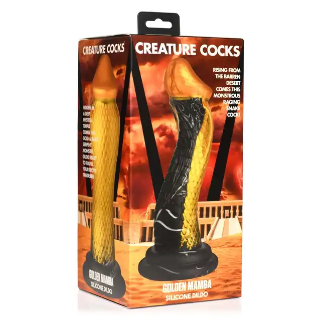 Creature Cocks – Golden Mamba Dildo. Złoto-czarna mamba w kształcie S do stymulacji G-spot i P-spot z przyssawką i kompatybilnością z uprzężą