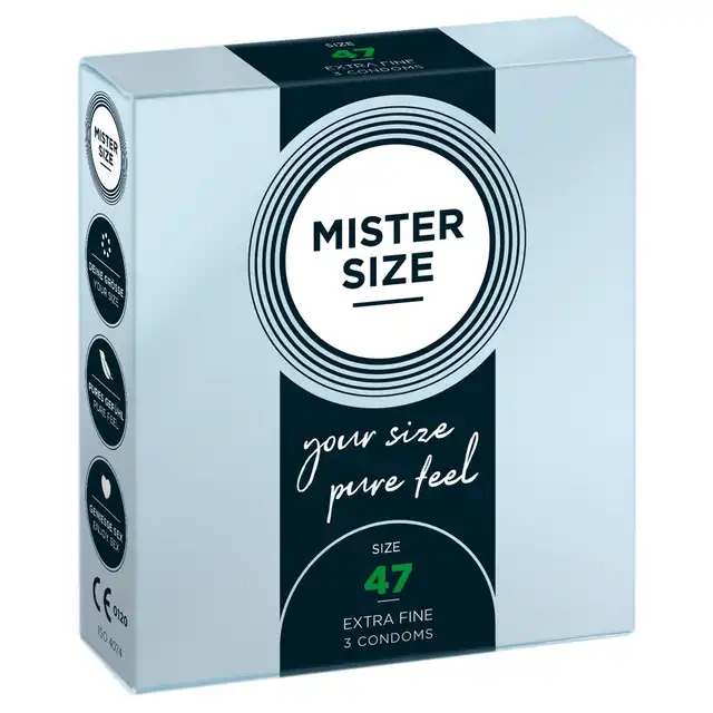 Mister Size - 3 Condoms 47 mm - Ultra cienkie dopasowane prezerwatywy 47 mm, 3 sztuki - Poczuj więcej dzięki właściwemu rozmiarowi!
