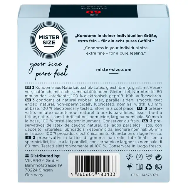 Mister Size - 3 Condoms 60 mm - Ultra cienkie dopasowane prezerwatywy 60 mm, 3 sztuki - Poczuj więcej dzięki właściwemu rozmiarowi!