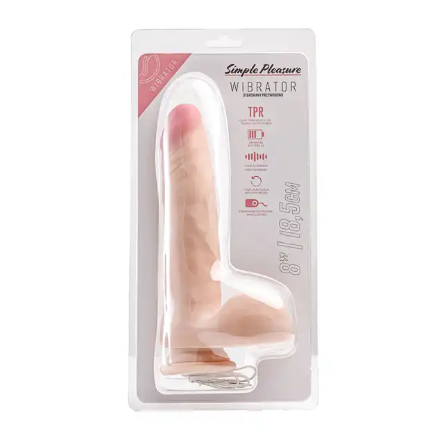 Simple Pleasure - wibrator z 7 trybami rotacji, sterowany przewodowo, 23 cm - Realistyczny design i rotacyjna stymulacja pod Twoją kontrolą!