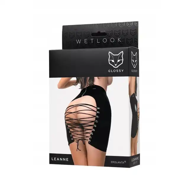 Glossy - Leanne Black Skirt M. Mini spódnica z wiązaniem, otwarty tył. 