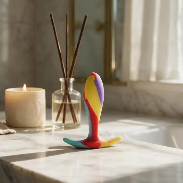 Girls Toys - Korek Eivissa. Rainbow Comfort Plug M. 9 cm. Tęczowy silikonowy plug z wygodną podstawą