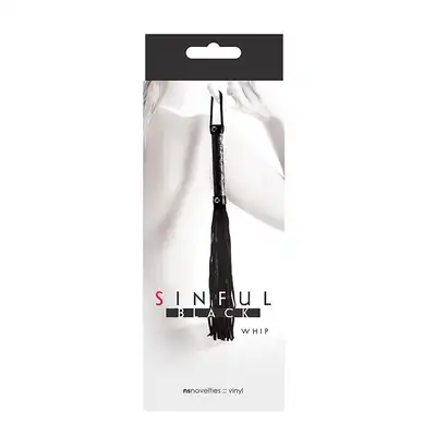 NSnovelties - Sinful Whip. Czarny winylowy pejcz z utwardzaną rączką 