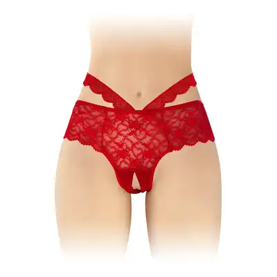 Fashion Secret - Marie Red OS - Piękne czerwone majtki z dodatkowymi koronkowymi paskami podkreślającymi talię i otwartym krokiem.