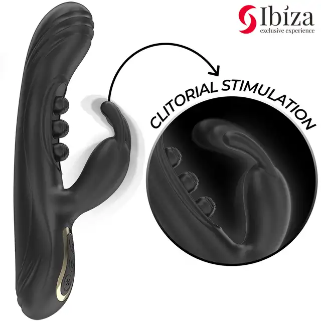 Ibiza – Vibrating Rabbit with Pulsation. Mega czarny wibrator z 3 stukającymi kuleczkami oraz mocnym masażerem łechtaczki