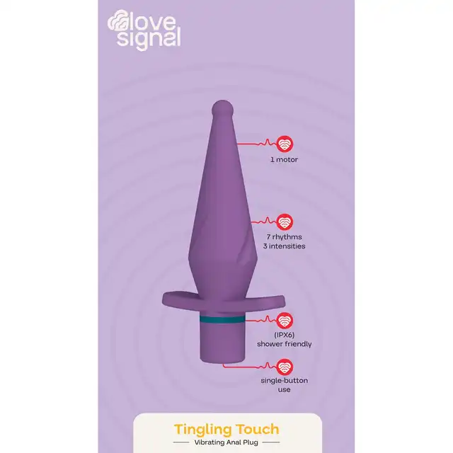 Love Signal - Tingling Touch Vibrating Anal Plug - Uroczy wibrujący korek analny w kolorze fioletowym. Ładowanie USB, wodoodporność IPX6.