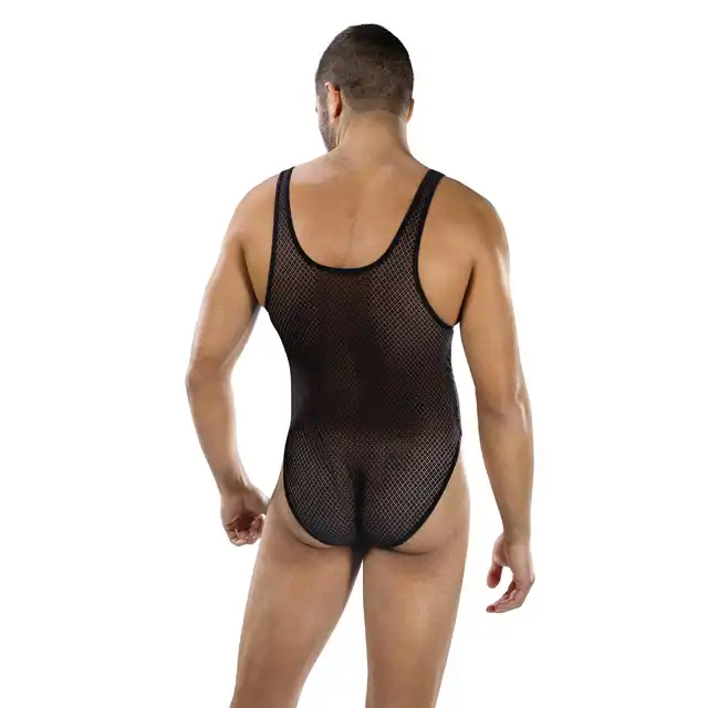 Envy Menswear - Fierce Deep V Mesh Bodysuit Black, OS - Męskie body z siateczki dla pewnych siebie mężczyzn. One Size.