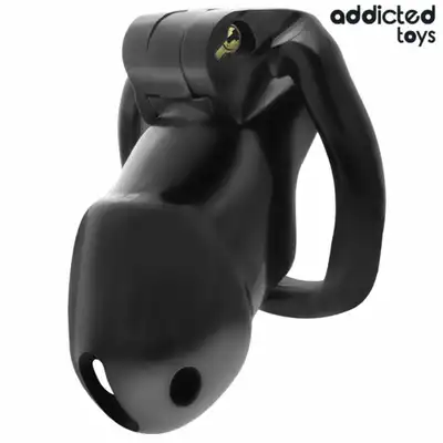 Addicted Toys - Midnight Cell Penis Cage M - Pas cnoty dla mężczyzn z czterema wymiennymi pierścieniami oraz wewnętrznym zamkiem z kluczami.