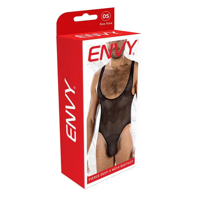Envy Menswear - Fierce Deep V Mesh Bodysuit Black, OS - Męskie body z siateczki dla pewnych siebie mężczyzn. One Size.