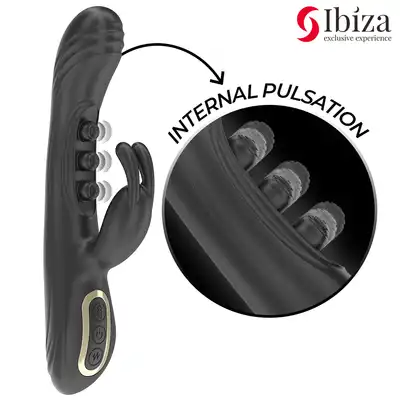 Ibiza – Vibrating Rabbit with Pulsation. Mega czarny wibrator z 3 stukającymi kuleczkami oraz mocnym masażerem łechtaczki