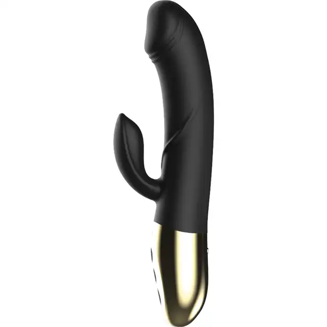 Ibiza - Powerful Anatomical Vibrator with Rabbit. Elegancki czarno-złoty wibrator z króliczkiem z dwoma niezależnymi silnikami