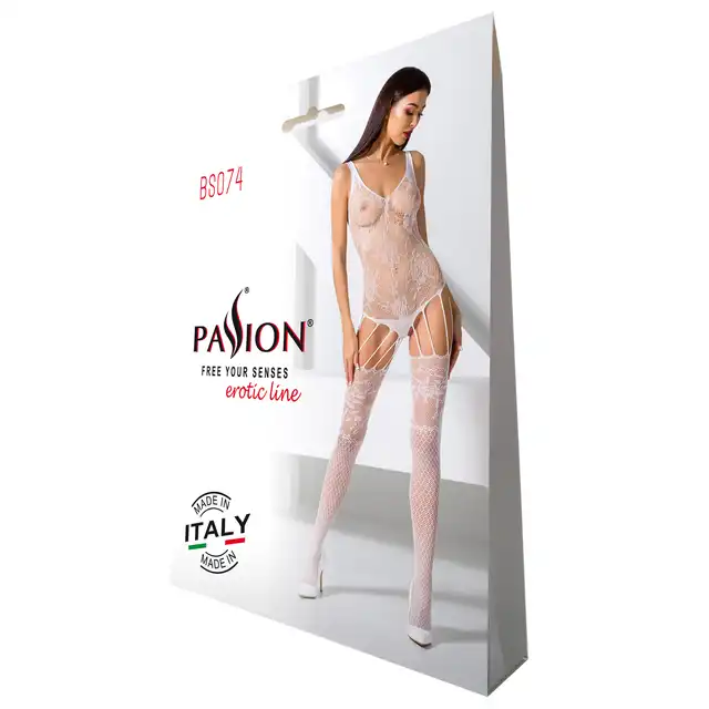 Passion - BS074 White Bodystocking - Zmysłowy biały bodystocking z pończochami w uniwersalnym rozmiarze. Idealny na noc poślubną!