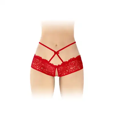 Fashion Secret - Celia Red OS - Koronkowe czerwone figi z otwartym krokiem i subtelnymi paseczkami podkreślającymi biodra.
