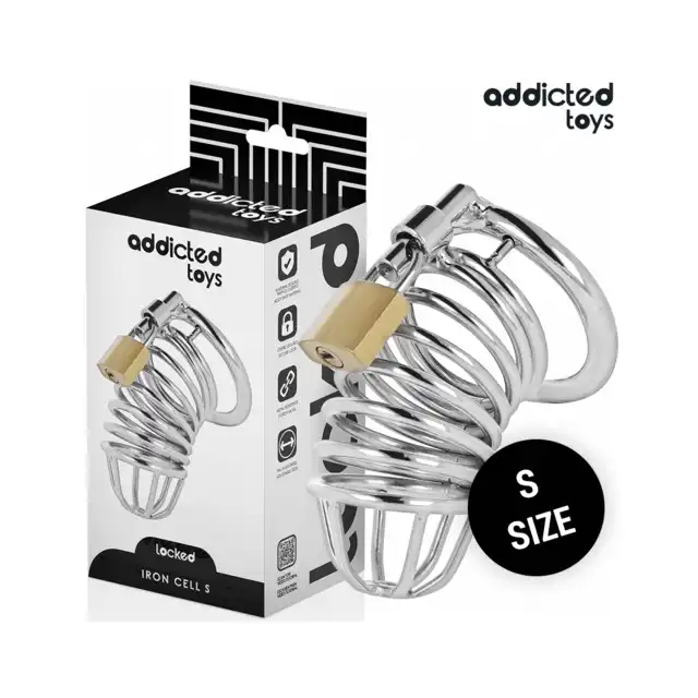 Addicted Toys Locked - Iron Cell Metal Penis Cage S - Metalowa klatka na penisa z kłódką w rozmiarze S. Wytrzymała stalowa konstrukcja zapewniająca pewne dopasowanie i pełną kontrolę.