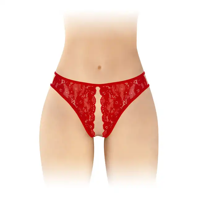 Fashion Secret - Victoria Red OS - Koronkowe czerwone stringi z szerokim wycięciem z przodu i otwartym krokiem. Pięknie podkreślają sylwetkę!