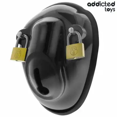 Addicted Toys Locked - Keyless Restraint Penis Cage - Pas cnoty dla mężczyzn o konstrukcji Shell z dwoma kłódkami i wymiennymi ringami.