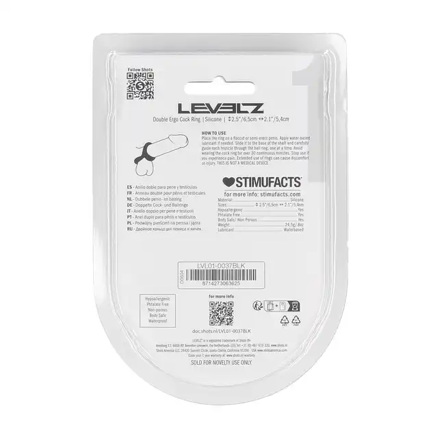 Levelz -  Double Ergo Silicone Cock Ring. Podwójny czarny silikonowy ring na penisa i jądra 