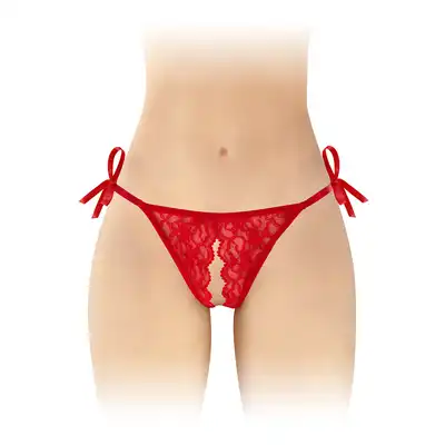 Fashion Secret - Stella Red OS - Wiązane czerwone stringi z otwartym krokiem. Piękna koronka z przodu.