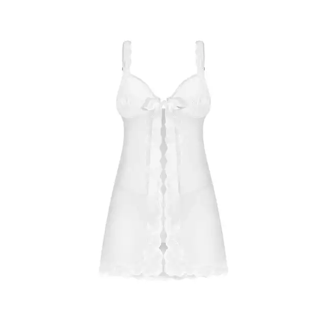 Obsessive – Weddya Babydoll White L/XL. Biały prześwitujący komplet ślubnej bielizny  w stylu babydoll 