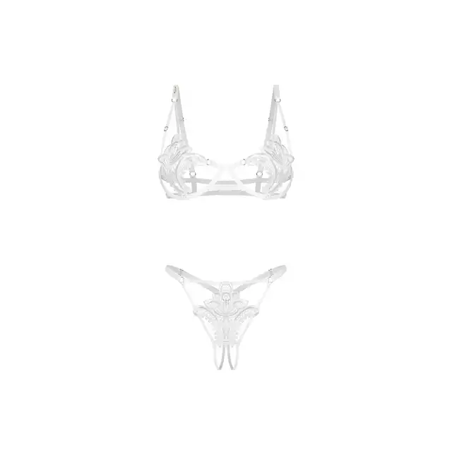 Obsessive – Luise Sublim White 2-Pcs Crotchless Set L/XL. Biały, wycięty, koronkowy, niesamowicie seksowny komplet bielizny