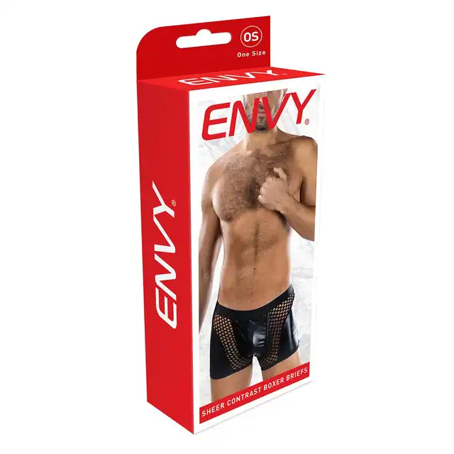 Envy Menswear - Sheer Contrast Boxer Briefs Black, OS - Odważne bokserki męskie z kontrastowym połączeniem gładkiego materiału i siateczki. Rozmiar uniwersalny.