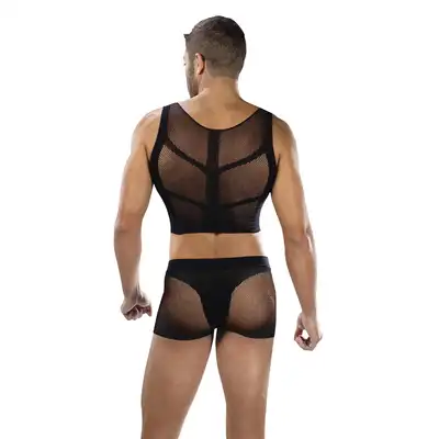 Envy Menswear - Fishnet Armor 2 Piece Set Black, OS - 2-częściowy zestaw z siateczki - crop top i szorty podkreślające sylwetkę. Rozmiar uniwersalny.
