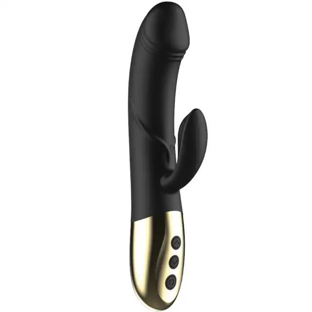 Ibiza - Powerful Anatomical Vibrator with Rabbit. Elegancki czarno-złoty wibrator z króliczkiem z dwoma niezależnymi silnikami