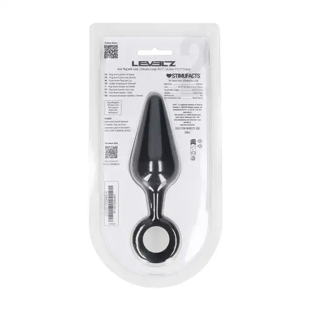 Levelz - Silicone  Anal Plug with Loop L. Silikonowy czarny wygodny plug w kształcie stożka z pętelką u podstawy