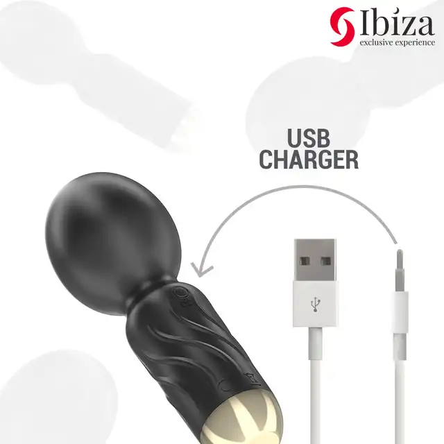 Ibiza-  Pocket Wand Vibrator. Mini czarno-złoty mocny wibrator typu różdżka z elastyczną różdżką 