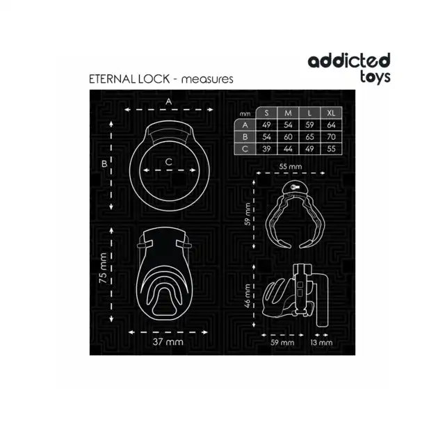 Addicted Toys - Eternal Lock Penis Cage 9 cm - Pas cnoty dla mężczyzn z podstawą do stymulacji cewki moczowej. Wymienne pierścienie i klucze w zestawie.