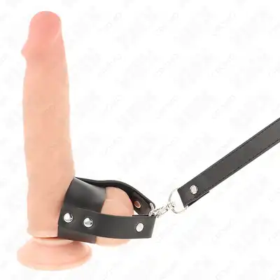 KINK – Skórzany strap na jądra. BDSM uprząż regulowana z dołączoną smyczą. 